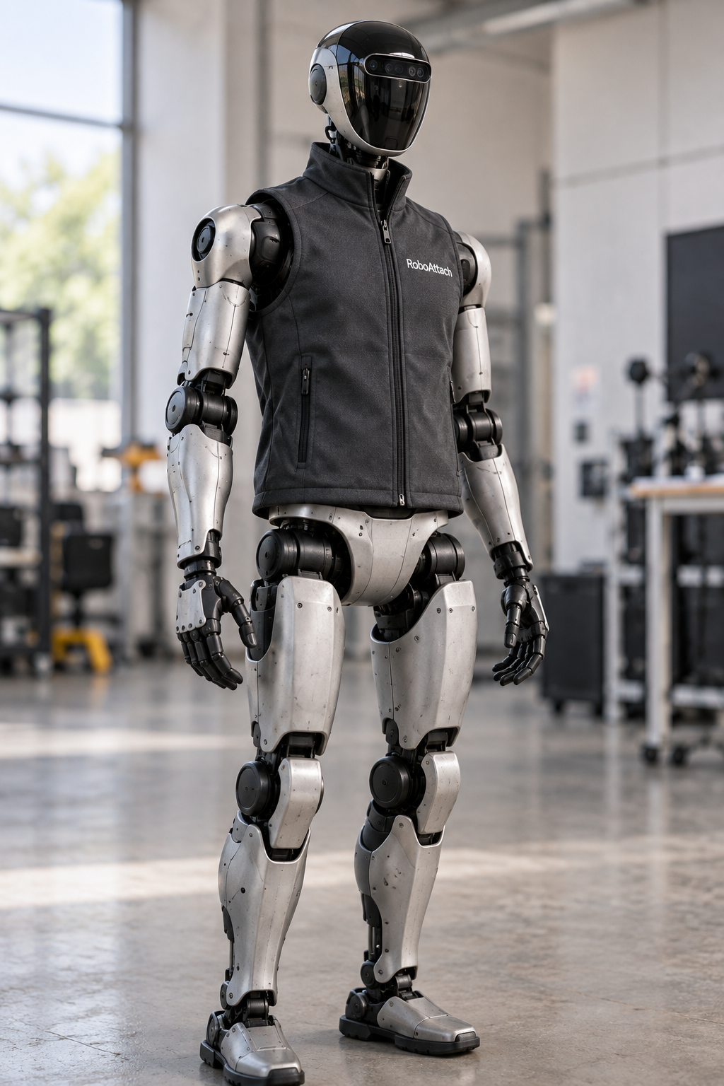 KI-Konzeptvisualisierung eines humanoiden Roboters mit funktionaler Weste
